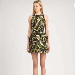 MCQ ALEXANDER MCQUEEN Black & Lime Green Butterfly Print Peplum Dress Size Small